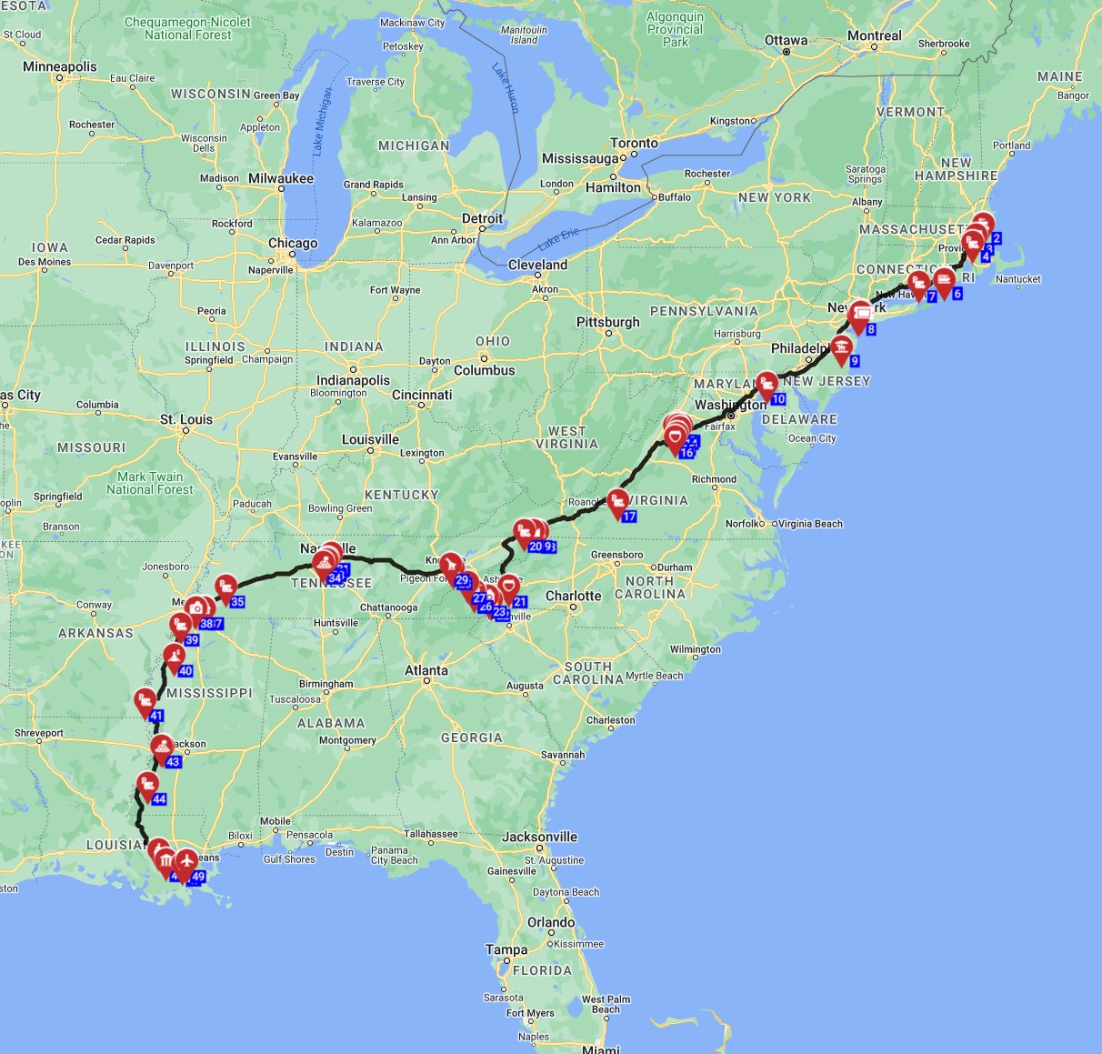 USA RV road trip from Boston to New Orleans Motorhome trip route planner